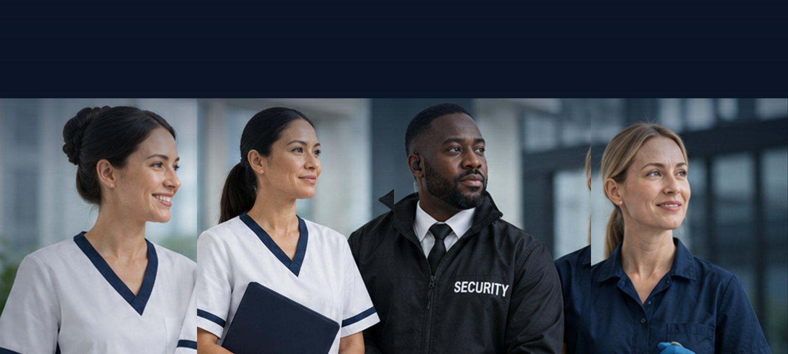 Vigil care, care-staffing, security and cleaning professionals — one from each division.